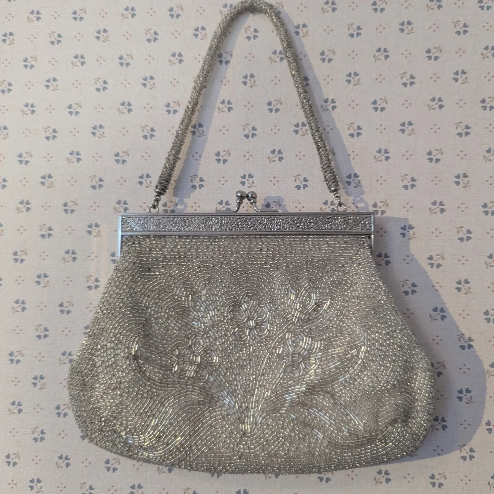 🩶 Vintage Silver Beaded Bling Snap Purse Comb Case Satin Pockets